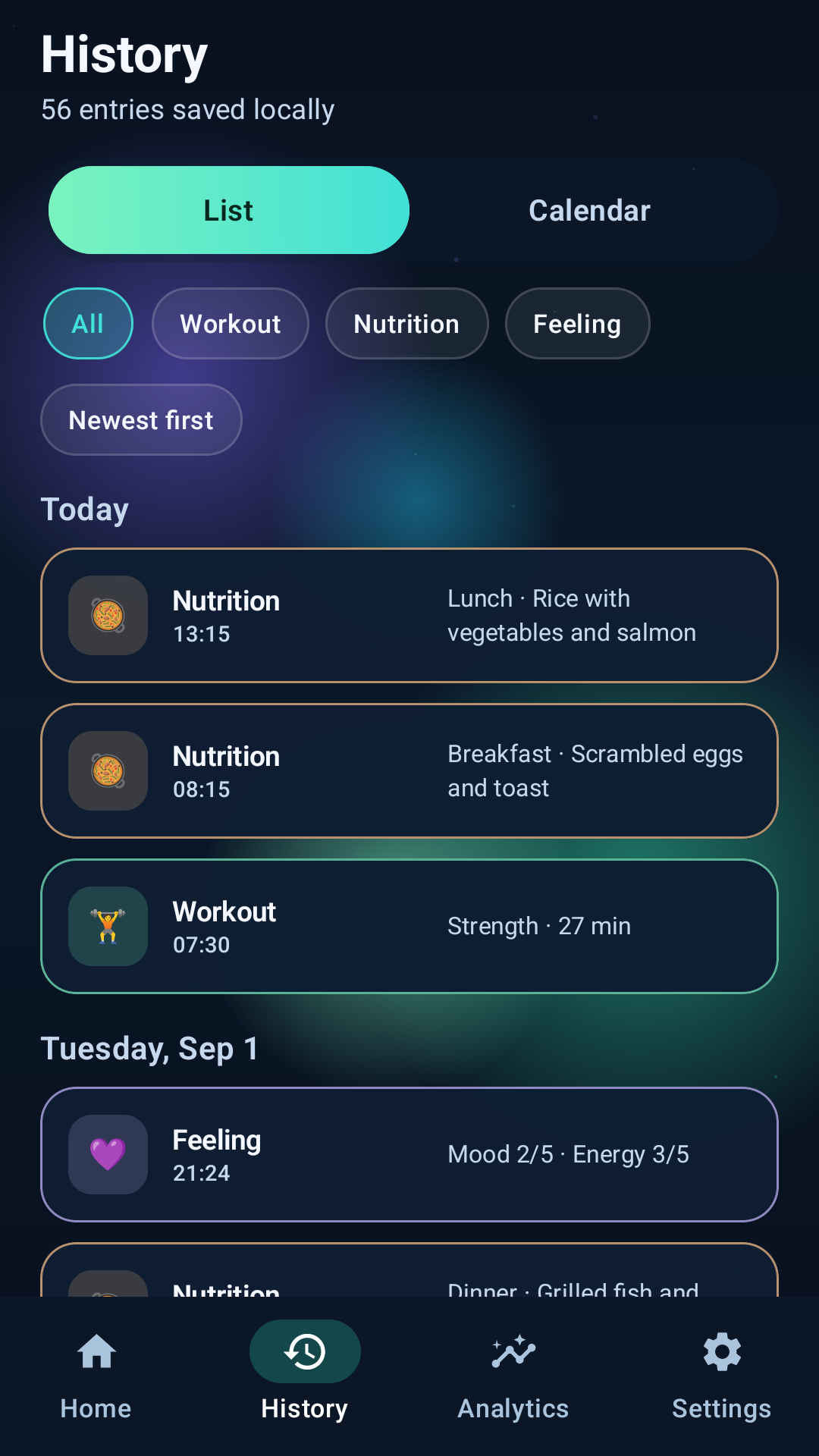 Wellness Diary history screen