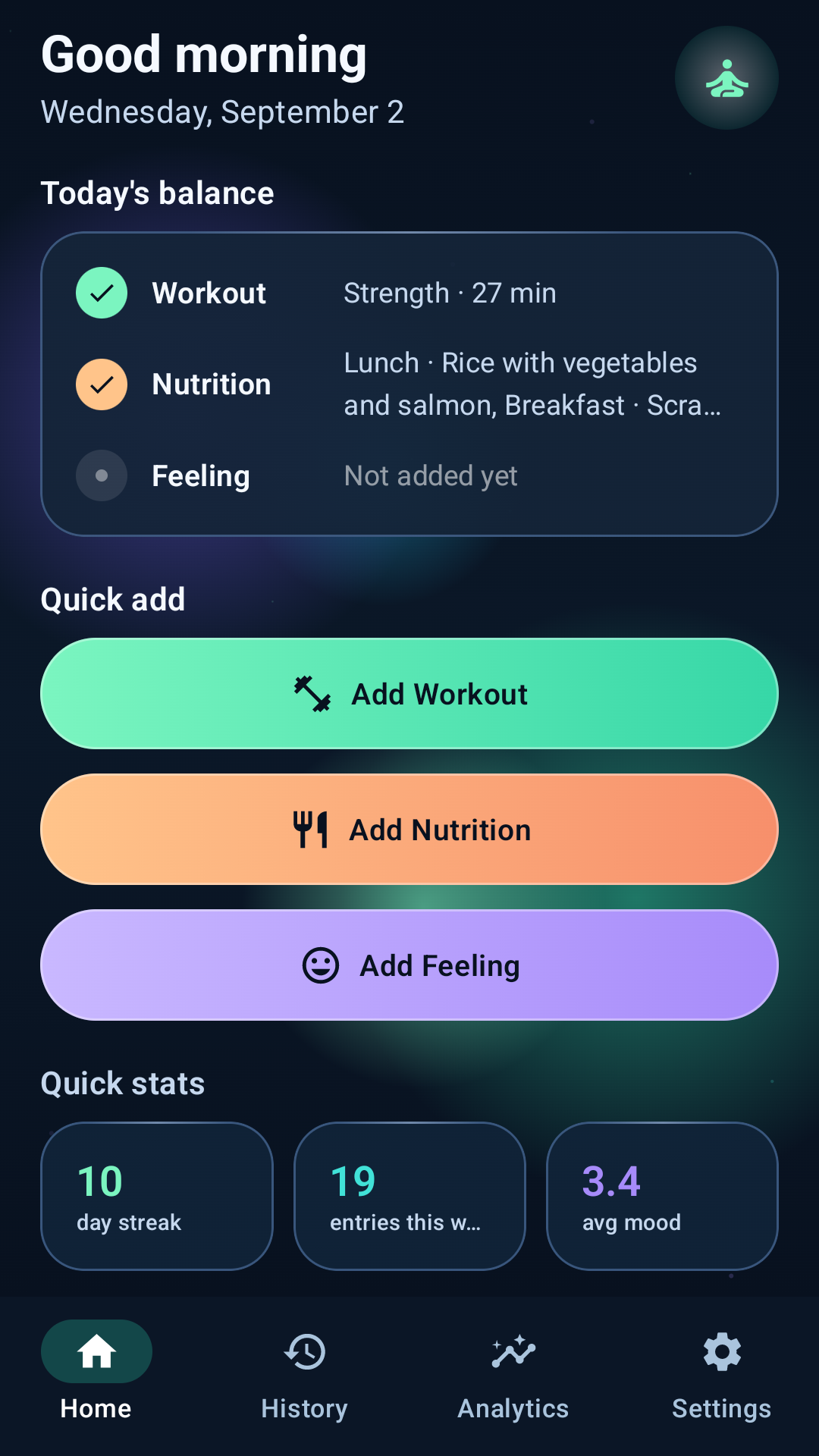 Wellness Diary home screen